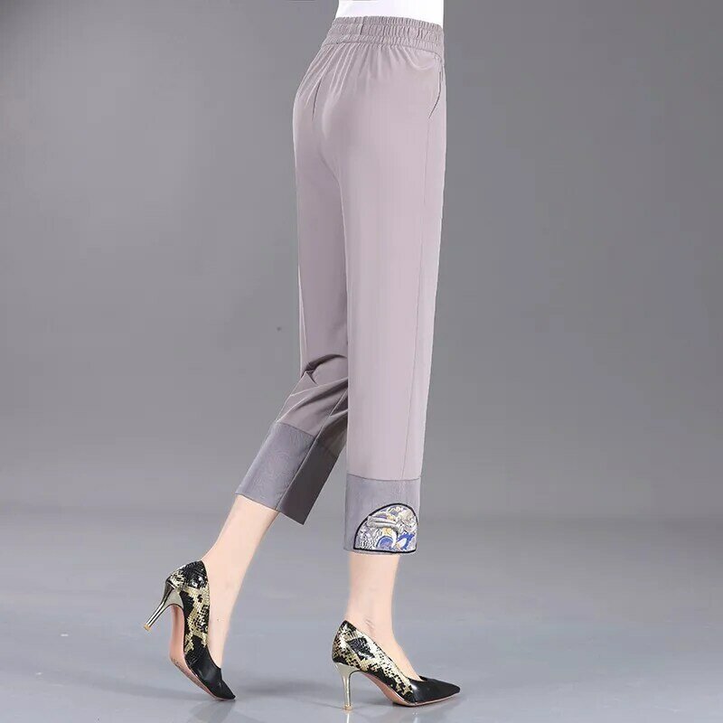 Pantalones cortos finos para mujer, pantalón recto elástico de cintura alta, estilo chino, bordado, informal, de mediana edad, Verano