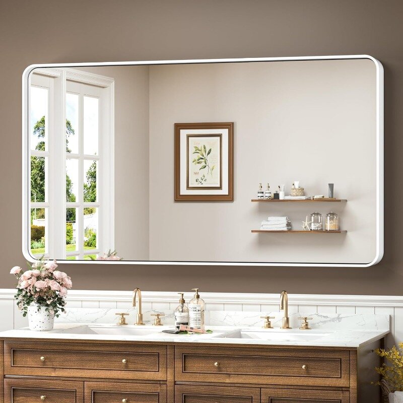 Cermin dinding cokelat 60x30 inci, cermin rias kamar mandi dengan bingkai logam paduan aluminium sudut bulat lembut untuk rumah pertanian Modern