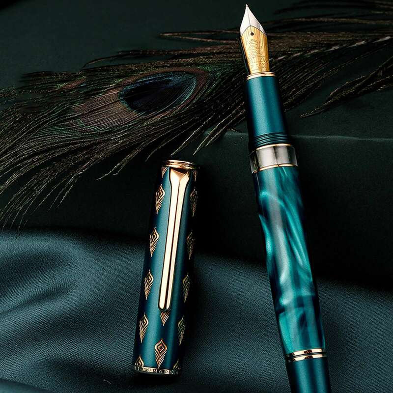 Hongdian-pluma estilográfica de pistón de resina N7, hermosa TAPA DE tótem de pavo real verde/gris, EF/F 0,4/0,5mm, escritura suave, regalo de oficina