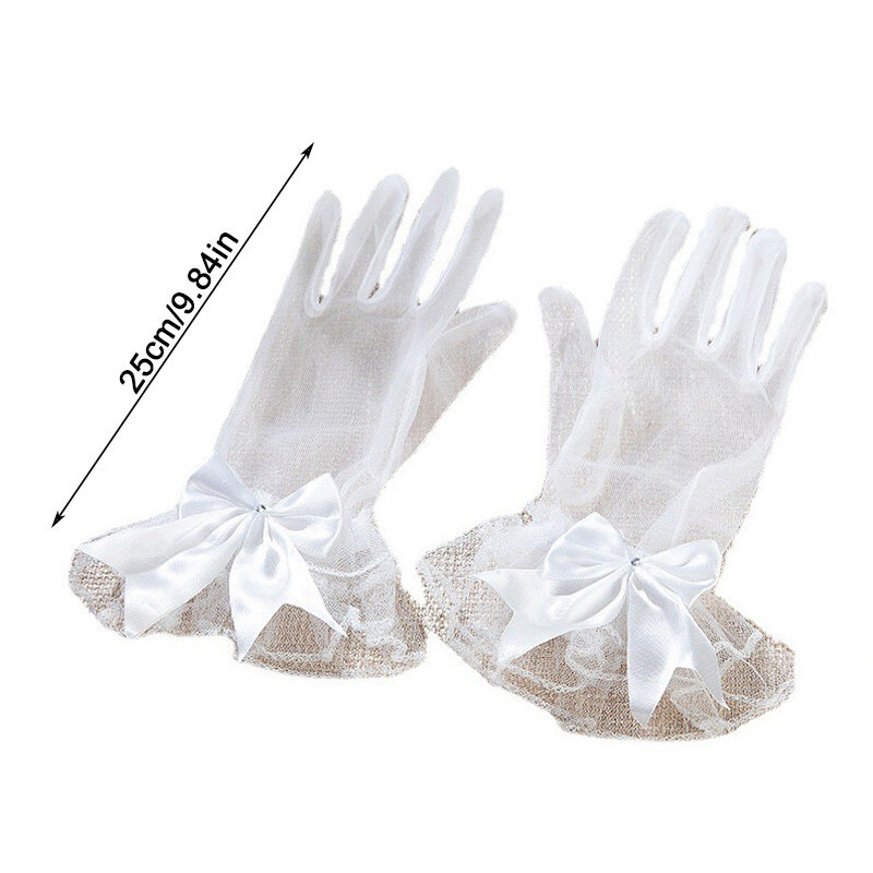 White Bow Lace Mesh Gloves For Bridal Dress Accessories Women Wedding Party Prom Cosplay Gloves Elegant