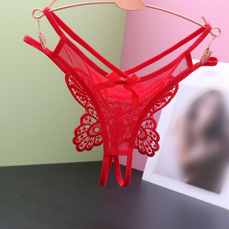 Sexy Open Croth Thong Panties For Women Breathable  Low Waist Thin Belt Bow Underwear Ladies Lace Hollow Out Female Underpants