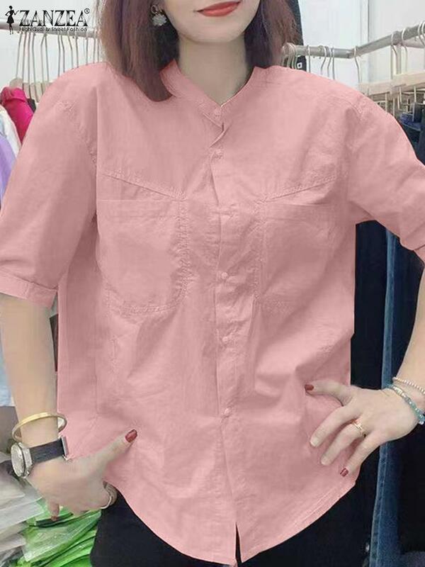 ZANZEA-Camisa de trabajo de oficina para mujer, blusa lisa de media manga con botones y cuello levantado, Túnica elegante para verano, 2024
