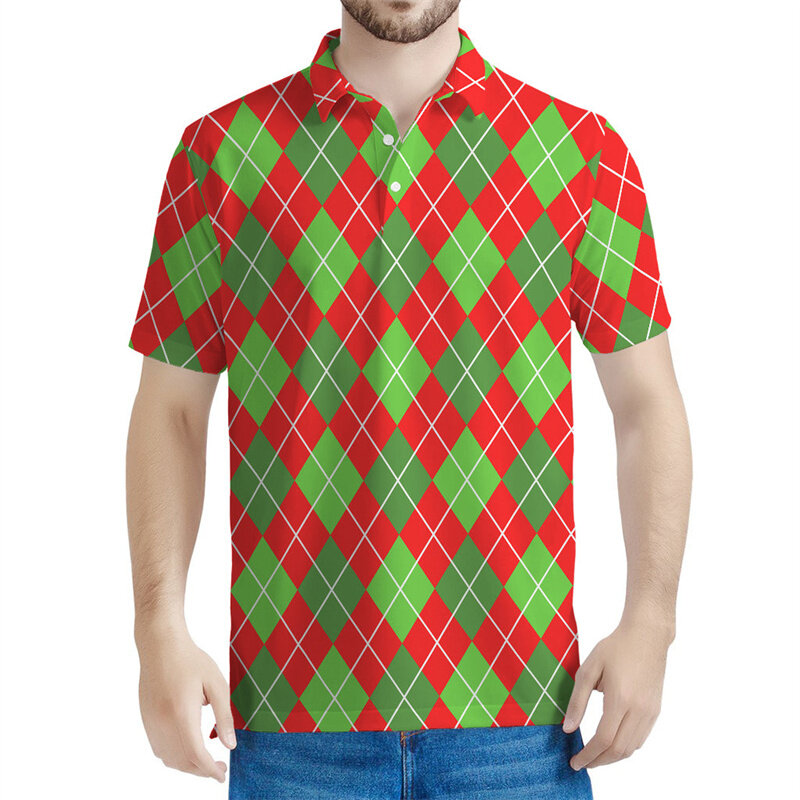 Polo con motivo scozzese a geometria colorata Polo da uomo stampata in 3d a maniche corte t-Shirt Casual da strada estiva top t-Shirt con risvolto