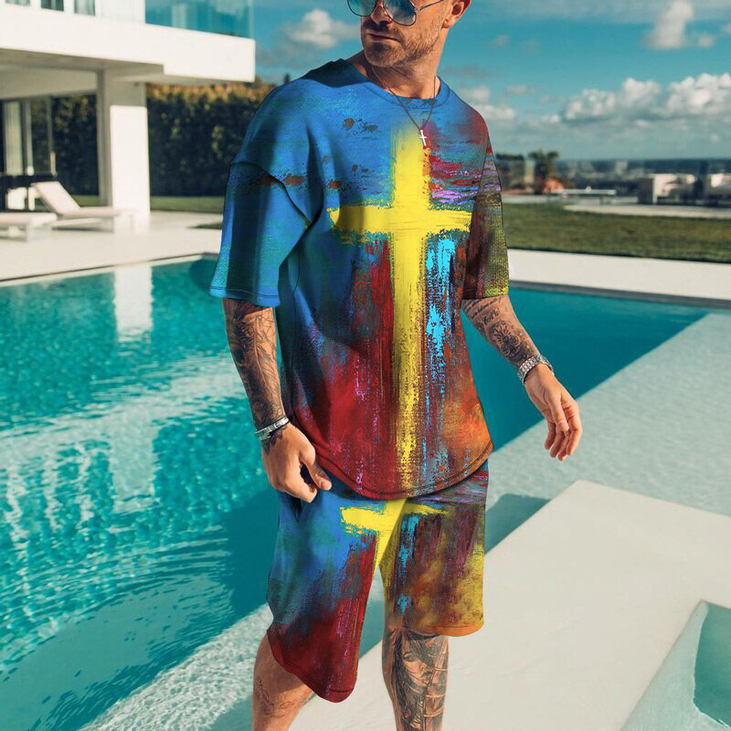 Conjunto de camiseta de manga corta con estampado de océano para hombre, ropa de viaje informal de dos piezas, Color de tinta 3D, 100-6XL, novedad de verano