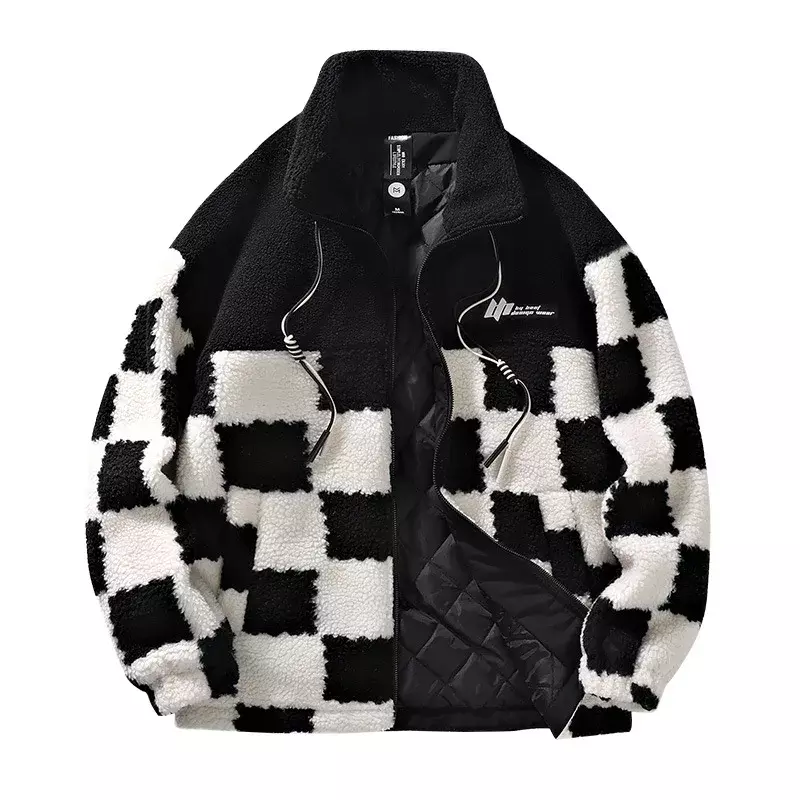 Abrigo de lana para hombre y mujer, chaqueta holgada con cremallera, estampado a cuadros, suave y cálida, cuello alto, Harajuku, Invierno