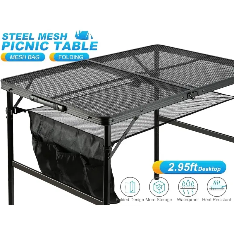 Skiken klappbarer Picknick tisch mit Netz tasche, Outdoor-Camping-Tisch/Grill tisch, Stahlgitter-Desktop, 2 einstellbare Höhen