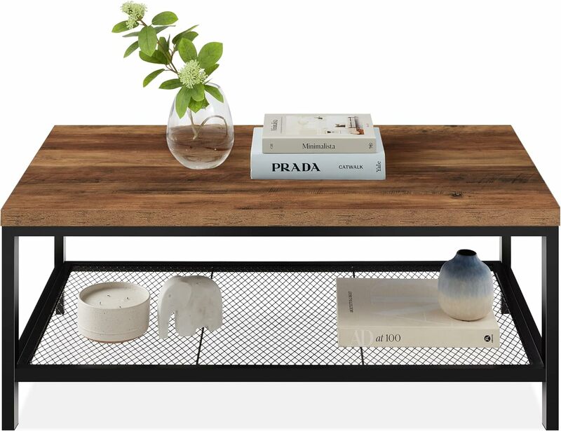 Tavolino da caffè, grande tavolino da caffè rettangolare industriale a 2 livelli con piano in venature del legno