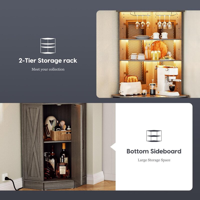 Armoire d'angle grand bar avec 2 étagères réglables, armoire pour café-bar avec LED RVB, prise de courant et vin T1, nouveau, 2024