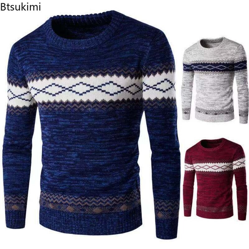 Sweater rajut gaya etnik pria, Rajutan warna kontras 2023 Slim Fit bawah untuk musim gugur musim dingin
