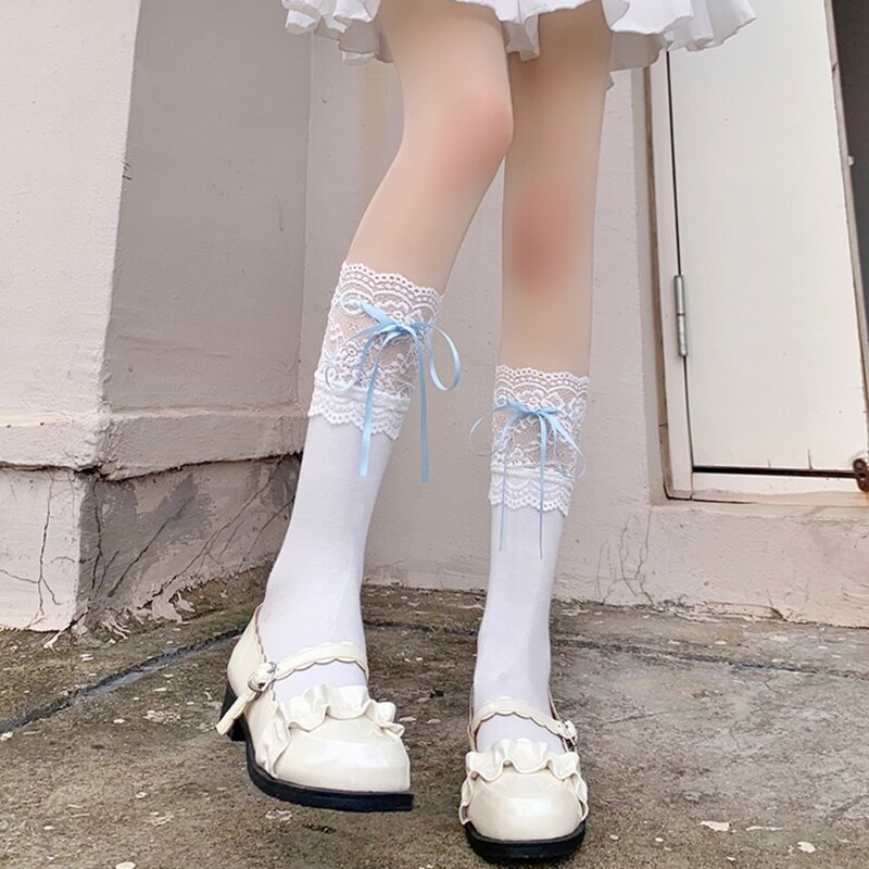 Lolita-calcetines de encaje con volantes para niña, medias con lazo, estilo Ballet, moda japonesa, Kawaii