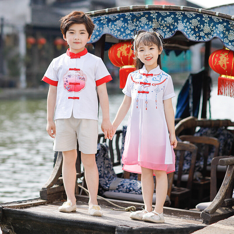 Menino e menina verão estilo chinês retro flor impressão hanfu crianças oriental tradicional terno desempenho role play vestido