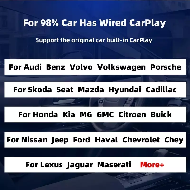 Mini sem fio Carplay Android Auto Box, Spotify, BT, VW, Toyota, Mazda, Nissan, Camry, Suzuki, Subaru, Citroen, Mercedes, Kia, Ford, Opel