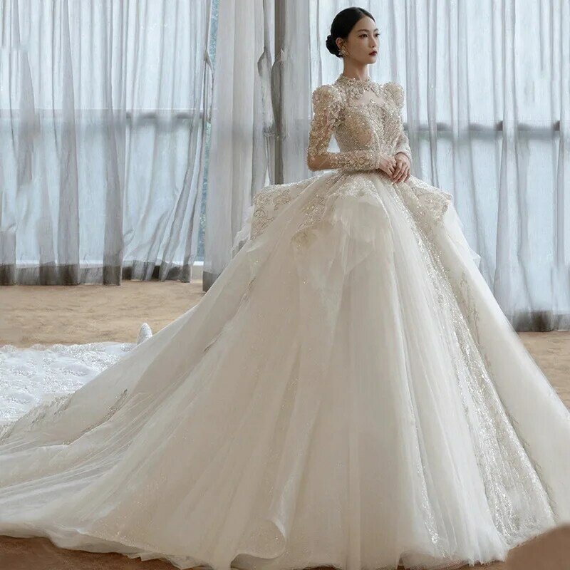 French Elegant Wedding Dress Lace Long Sleeves Heavy Work Nail Beads Wrapped Waist Open Back Long Tail Court Romantic Bridal