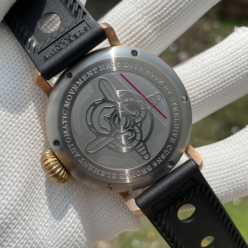 SD1903S STEELDIVE marki 46.5MM solidna skrzynia z brązu czarna tarcza gumowy pasek NH35 automatyczny 200M wodoodporny zegarek nurkowy dla mężczyzn