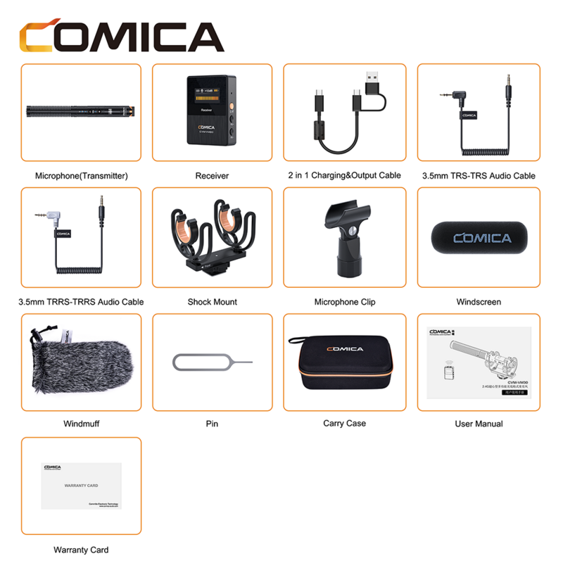 Comica CVM-VM30 mikrofon rekaman nirkabel 2.4G, mikrofon Audio senapan dengan dudukan kejut untuk kamera Dslr, ponsel pintar PC