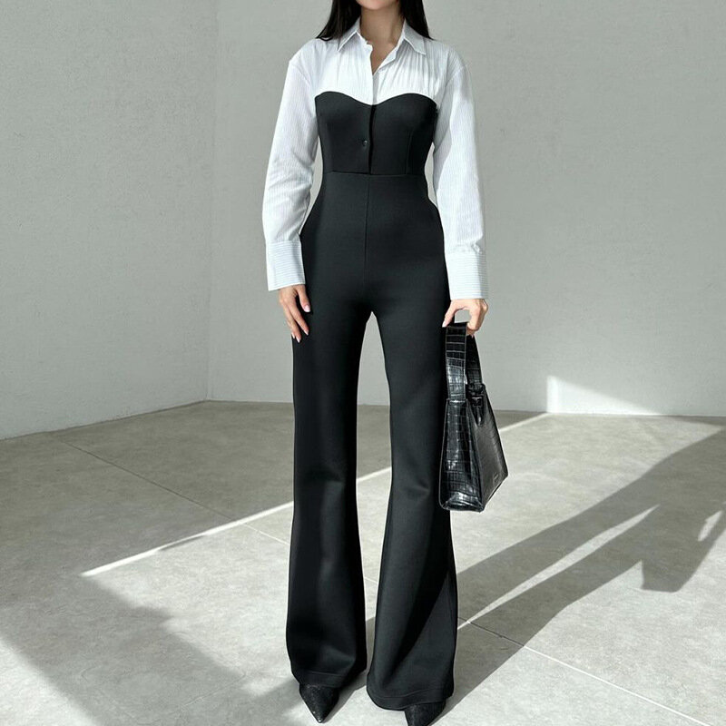Fashion contrast stitching fake two-piece slim temperament jumpsuit woman