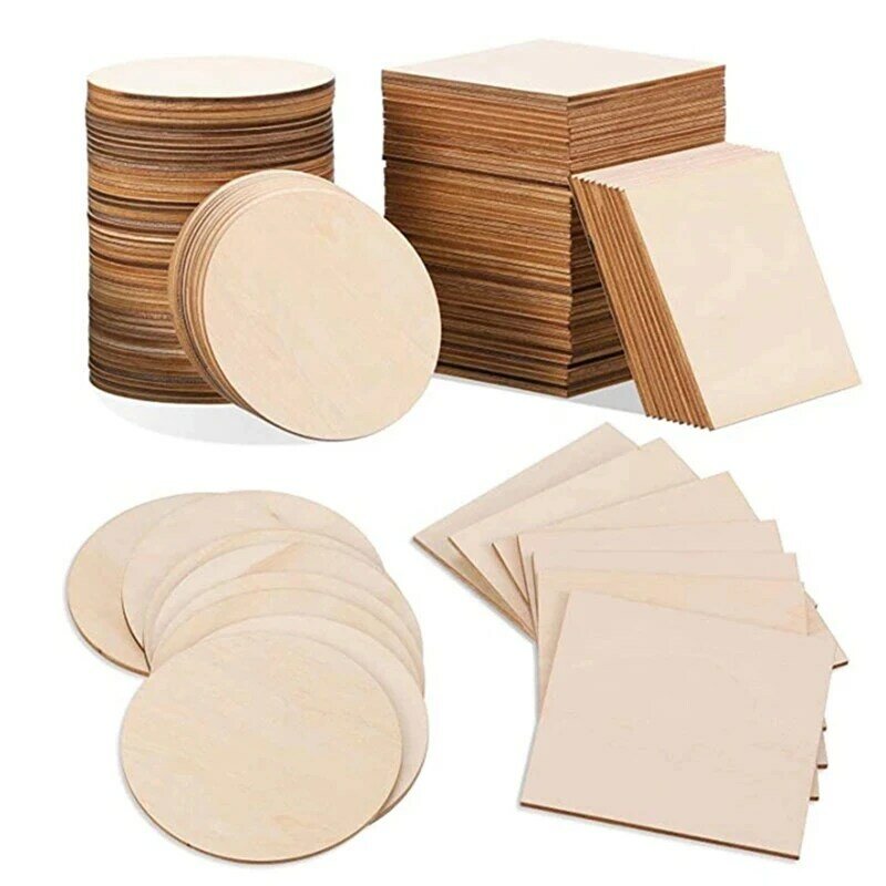 50Pcs Wood Slices 4X4inch Unfinished Wood Pieces Square And Round Wooden For DIY Coaster Arts Painting Staining Crafts