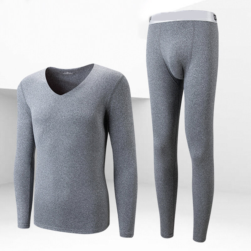 Men's Long Johns 2Pcs Seamless Thermal Underwear Plus Velvet V-neck Long Trousers Suit Bottoming Shirt 2022 Autumn