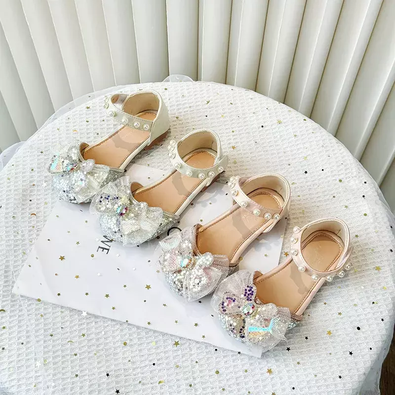 Сандалии для девочек, детская модная обувь со стразами и бантом для принцессы, свадебная детская элегантная танцевальная обувь со звездами и блестками