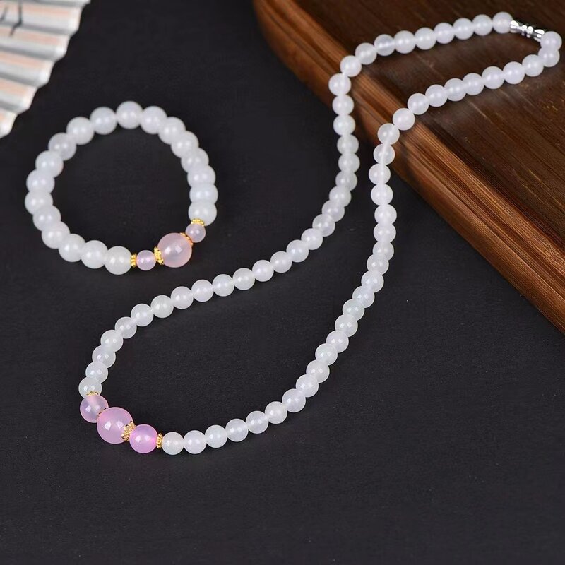 Golden Silk Jade Hand Chain & Necklace Natural Stone Round Bead Chain Women Gemstone Bracelets Charms Jewelry Mother's Day Gifts