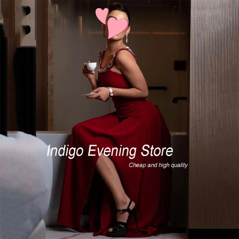Indigo Prom Dresses 2024 Square Collar Spaghetti Straps Beading A-Line Pleat Open Back Satin Evening Gowns For Women فساتين الس