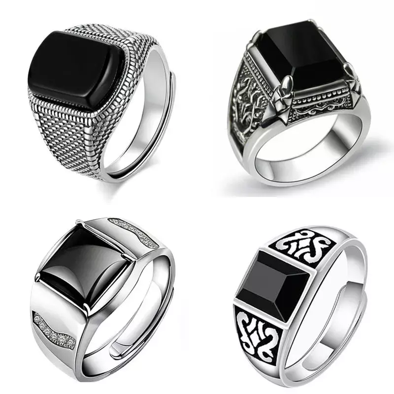 Nuovo argento avanzato creativo geometrico diamante intarsiato agata nera gemma uomo signora prepotente anello regolabile esagerato
