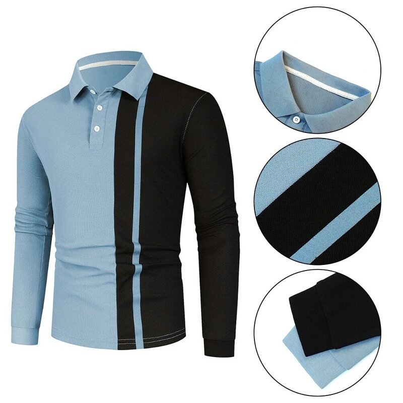 남성용 컬러 블록 라펠 상의, 긴팔 티셔츠, 클럽 데일리 야외 휴가 홀리데이 홈 브랜드, 새로운 단추