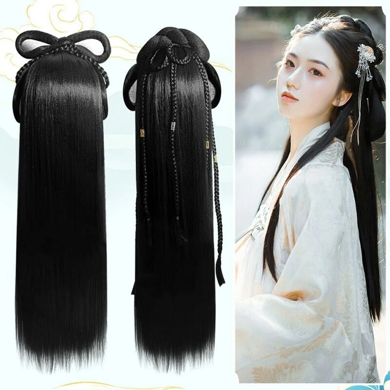 SEEANO Hanfu Perücke Stirnband Frauen Chinesischen Stil Synthetische Haar Stück Antike Modellierung Cos Pad Haar Zubehör Kopfschmuck Schwarz