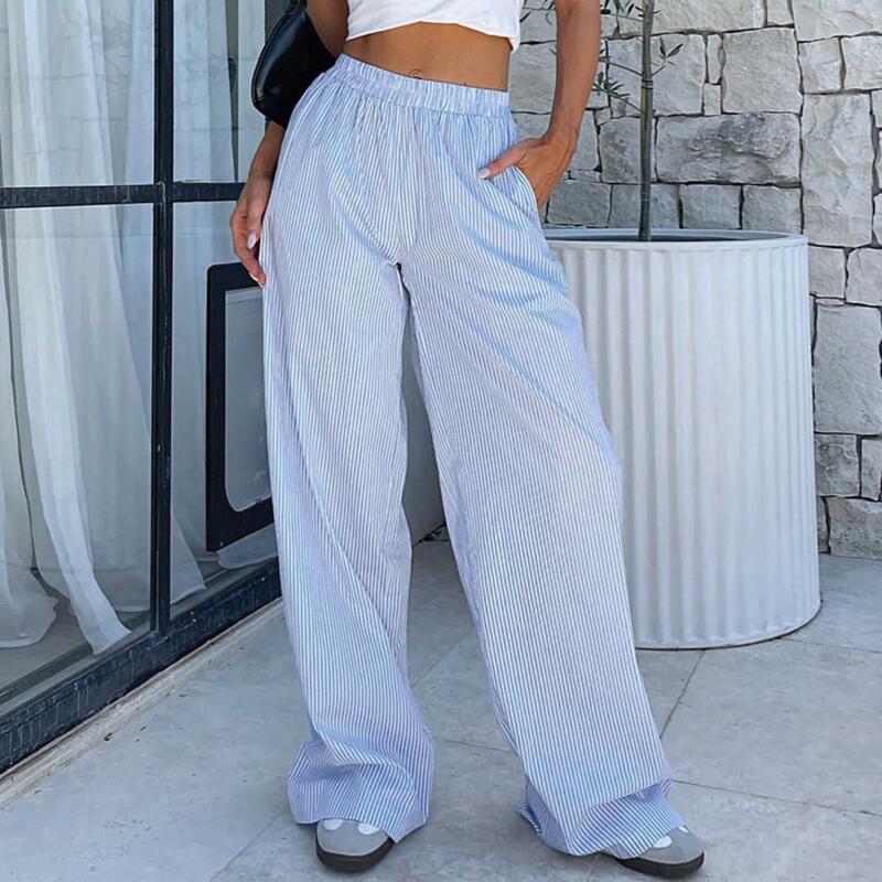 Women Wide Leg Pants Vertical Striped High Waist Wide Leg Pants with Pockets for Women Trousers Streetwear for Ladies Elastic