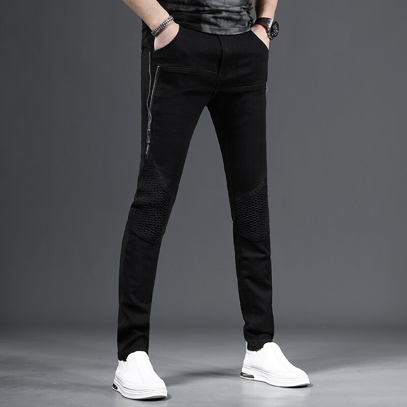 Jeans Hitam Pria Gaya Korea Celana Pas Badan Celana Panjang Denim Tambal Sulam Ritsleting Kasual Streetwear CP2200