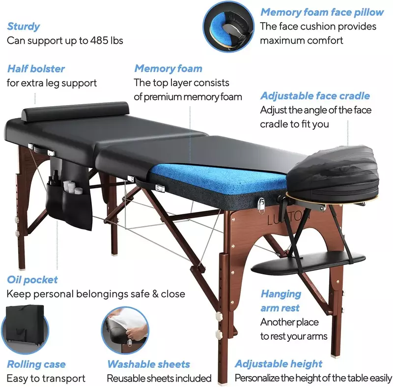 Lettino da massaggio Premium in Memory Foam-custodia da viaggio con rotelle, lenzuola lavabili, più spesso e più largo