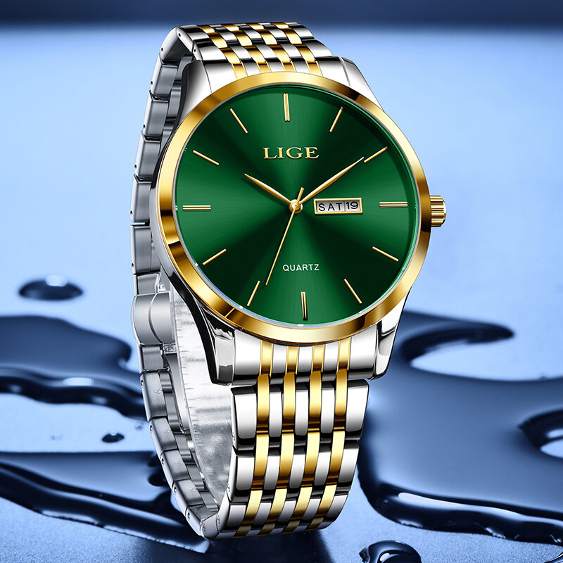 LIGE jam tangan bisnis 2024 pria, arloji Stainless Steel Quartz tahan air bercahaya, kalender tanggal