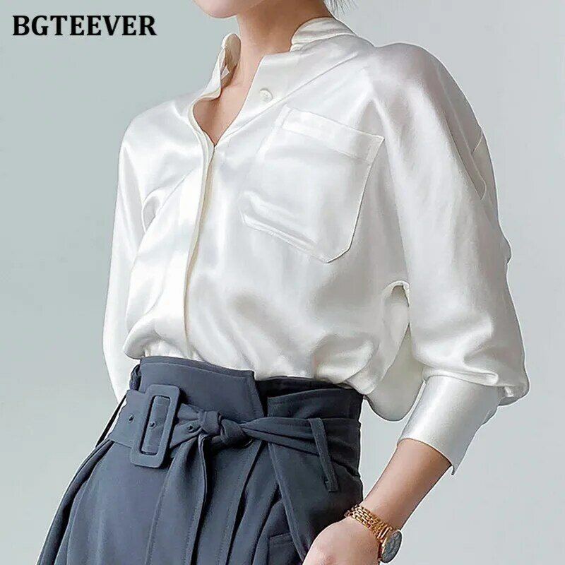 BGTEEVER Elegant Stand Collar Loose Female Shirts Office Wear Long Sleeve Pocket Women Blouses Tops