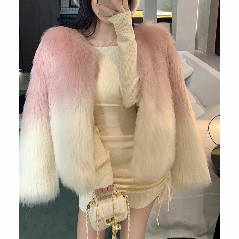 Autumn Gradual Color Faux Fox Fur Woman Coat Chic Fashion Winter Furry Cardigan Fleece Tops Jacket Coat Party Club Outfit 2023