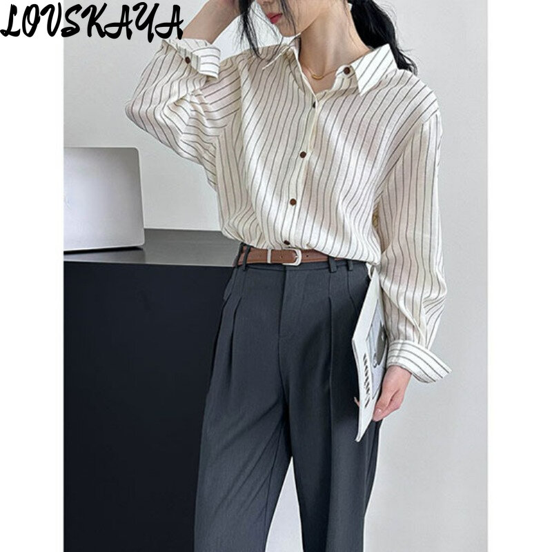 Camisa listrada minimalista coreana, Camisa casual versátil, Outono