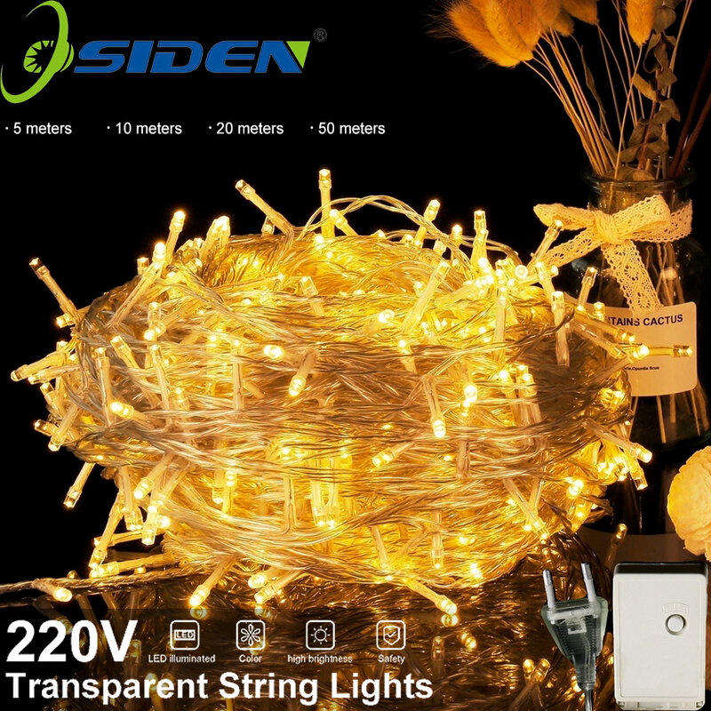 Led String Peri Lampu Natal 5M10M20M50M 4 Warna 8 Mode AC220V/110V Liburan Pencahayaan untuk Pesta Pernikahan Garland Dekorasi