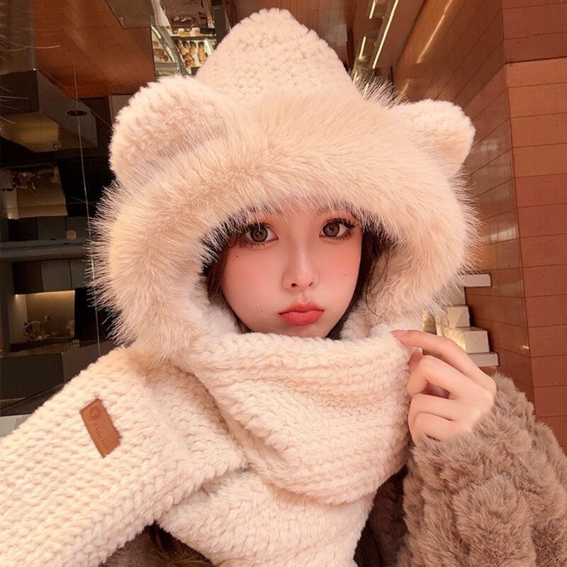 Thickening Hat Scarf New Cartoon Bear Keep Warm Hooded Scarf With Gloves Windproof Plush Hat Scarf Winter