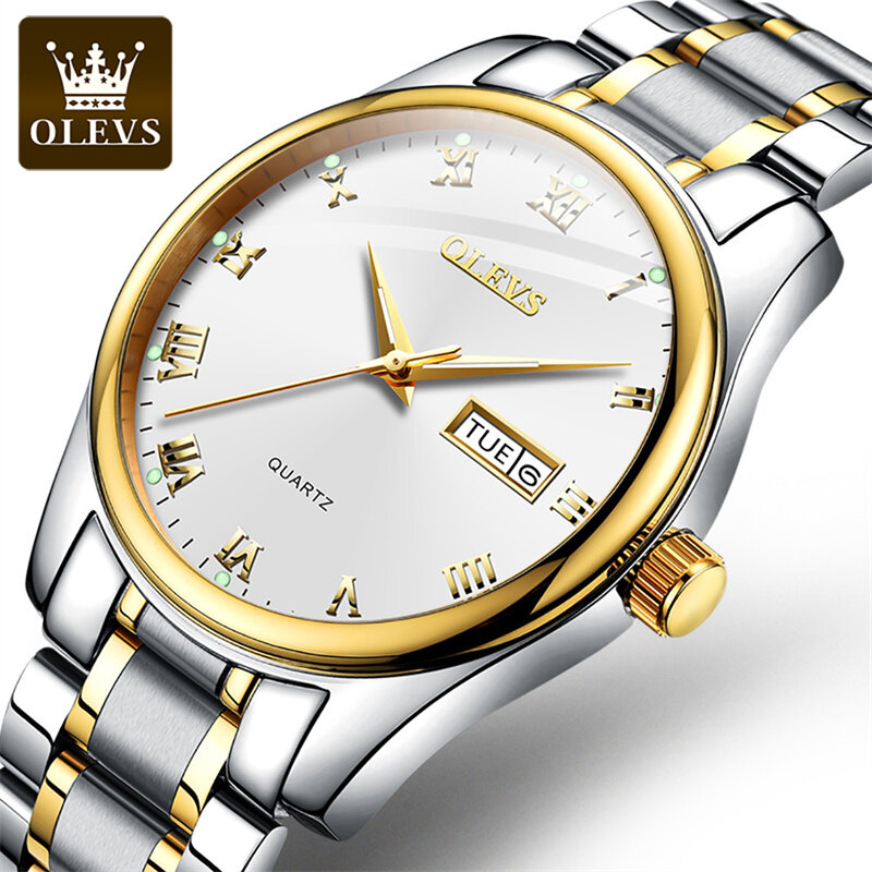 OLEVS jam tangan Quartz pria, arloji tali Stainless Steel, tahan air, kalender minggu, bisnis