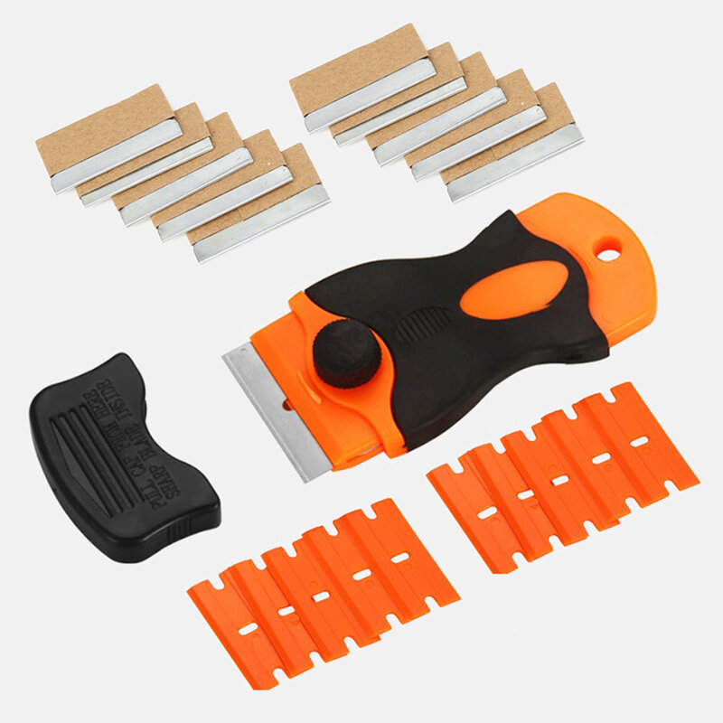 1*Scraper + 10*Plastic Blade + 10*Metal Blades Handle Sticker Removal Tool Cleaning Professional Parts Accessories Razor