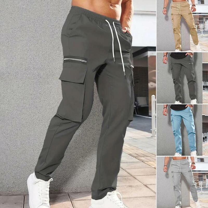 Men Casual Trousers Men's Drawstring Cargo Pants with Elastic Waist Zipper Decor Multi Pockets Soft Breathable Mid for Comfort