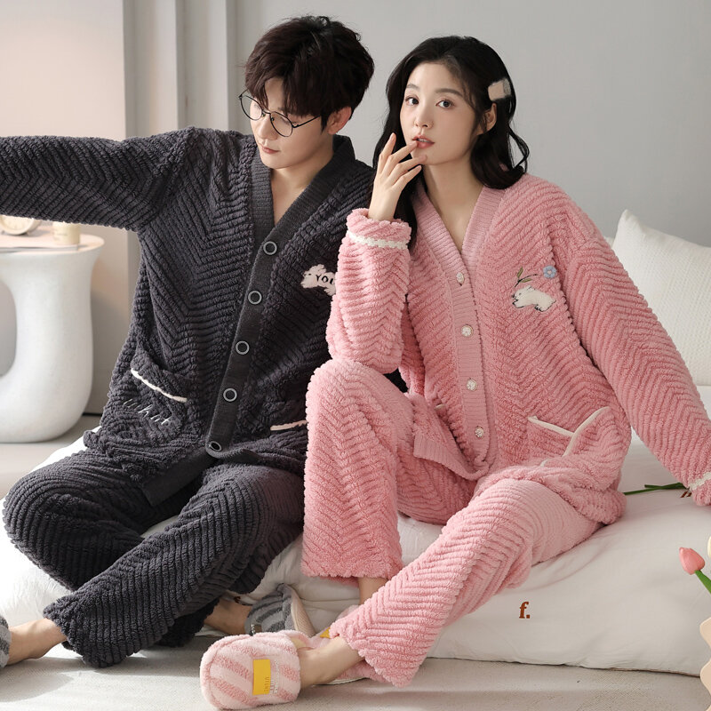 Kimono Winter Flannel Nightwear for Couples V Neck Cardigan Homewear Women and Men Fashion Nightwear Coral Fleece Pyjamas