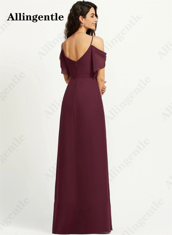 Allingentle Elegant Bridesmaid Dresses Spaghetti Straps V-Neck Maid Of Honor Gown Ruffles Sleeve A-Line Side Slit Evening Gowns