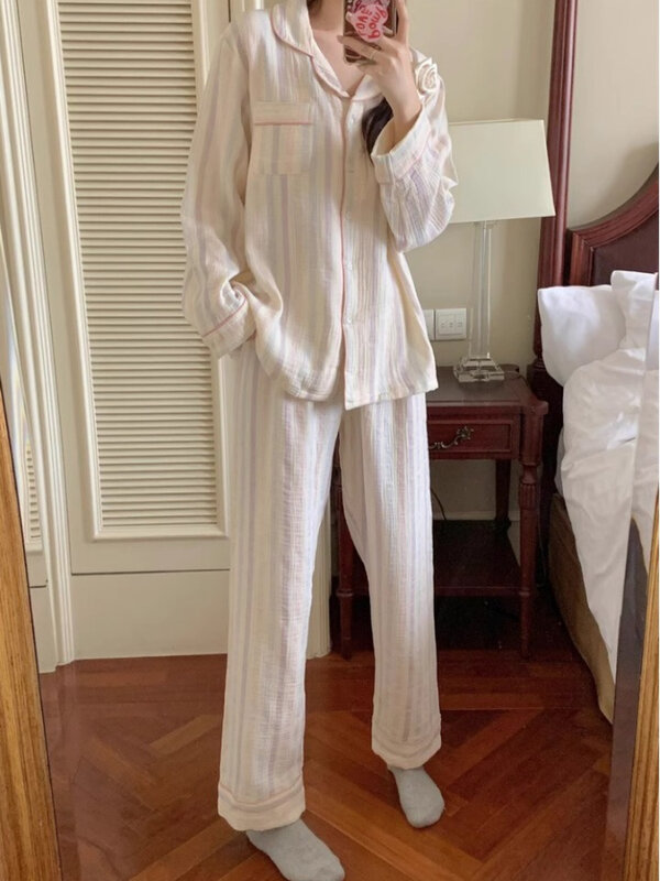 Conjuntos de pijama soltos de manga comprida para mulheres, streetwear listrado minimalista, loungewear doméstico, estilo japonês aconchegante, primavera simples, 2 peças