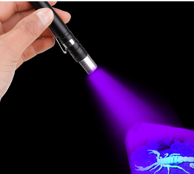 Pena Mini Senter UV 2 in 1 multifungsi 395nm Ultra Violet senter Lanterna putih ungu detektor cahaya penggunaan 2 * AAA
