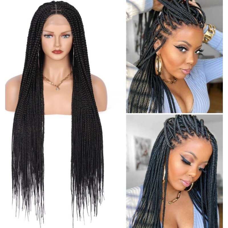 36" Box Braided Wigs Lace Front Knotless for Women Synthetic Black Hand Embroidery Full Double Lace Braid Wig with Baby Hair