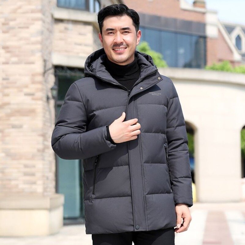 Winter New Men Down Jacket Mid-Length Thick Warm Large Size Detachable Hat Outcoat Business Casual Pure Color Outwear Dad Outfit