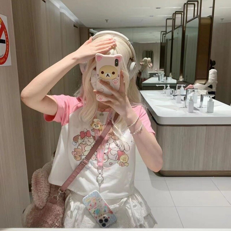 Kaus lengan pendek merah muda lucu Deeptown untuk wanita kaus Anime Harajuku ukuran besar musim panas Y2k Kawaii gaya Jepang 2000s