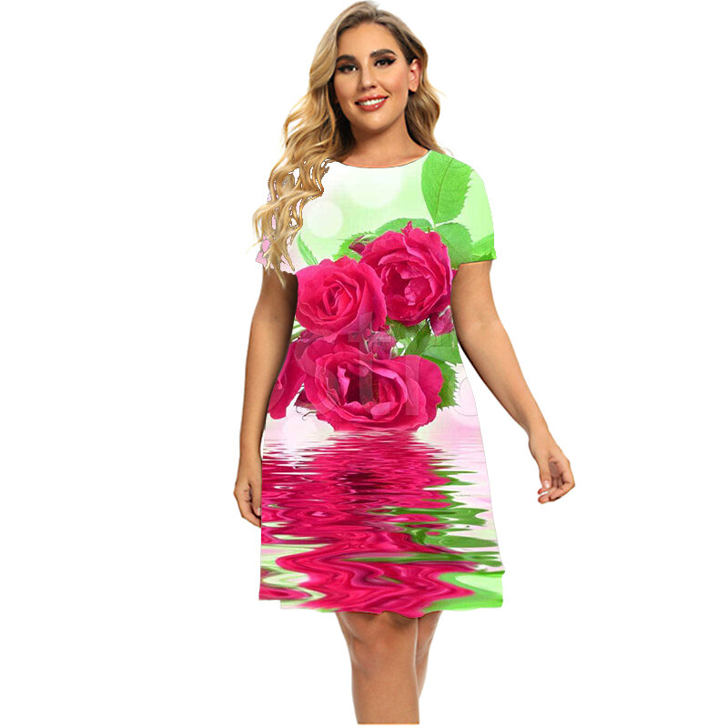 女性のためのバラの花柄のドレス,流行の夏服,半袖,ラウンドネック,ルーズ,ラージサイズ,2023