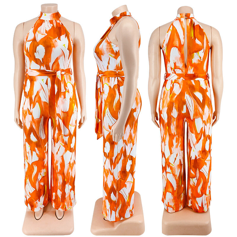Plus Size stampa elegante tuta femminile Halter Design Holiday Cloth donna One Piece Outfit 2024 primavera moda Casual tuta