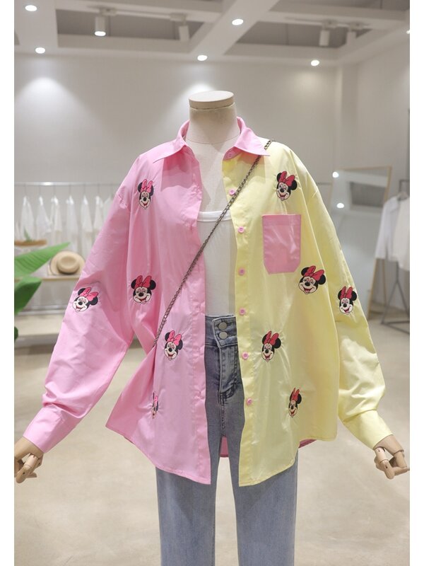 Potdemiel Color Matching Design Blouse Cartoon Embroidery 2024 Spring Summer Loose Mid-Length Cotton Long-Sleeved Shirt Female